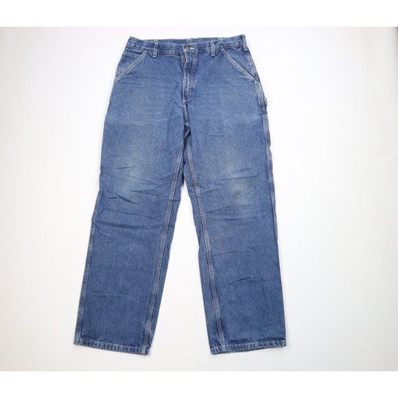 Vintage Carhartt Mens 36x32 Distressed Spell Out Wide Leg Dungaree Jeans Blue